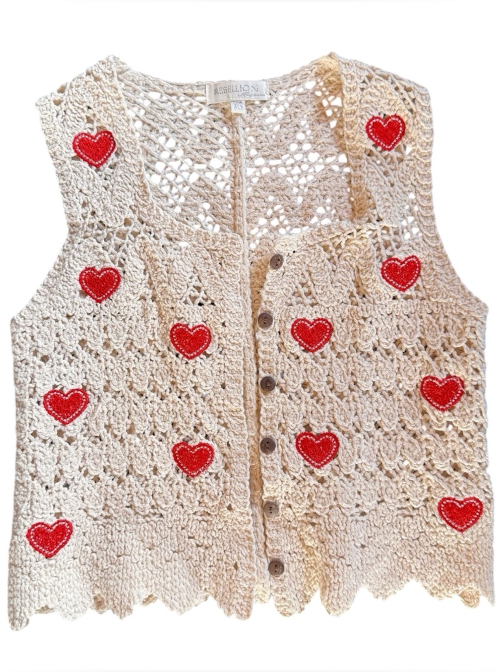 Rebellion Cream Crochet Button Vest with Red Hearts 100% Cotton
